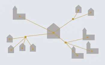 Dieses Bild zeigt ein Haus vondem aus mehrere Gebäude miteinander verbunden sind das soll unser Diözesanes Netzwerk symbolisieren.